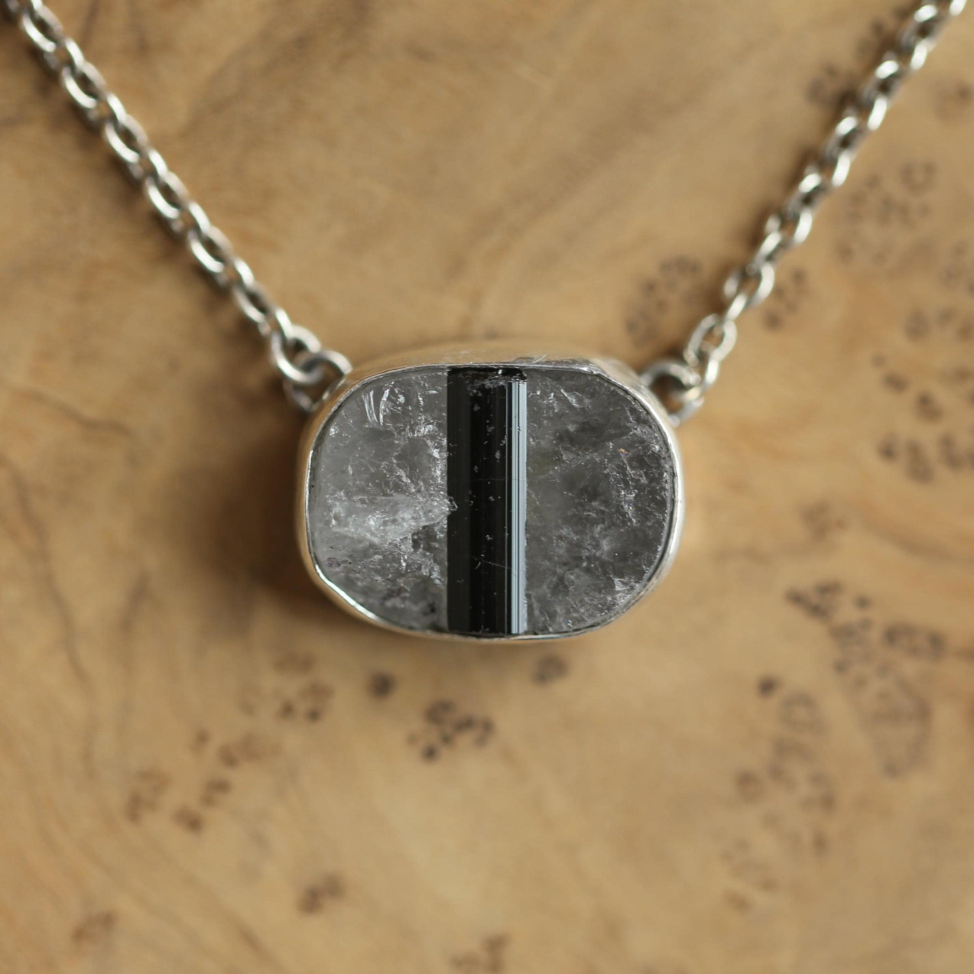 Raw Tourmaline in Quartz Necklace - Raw Tourmaline Necklace - OOAK Silversmith