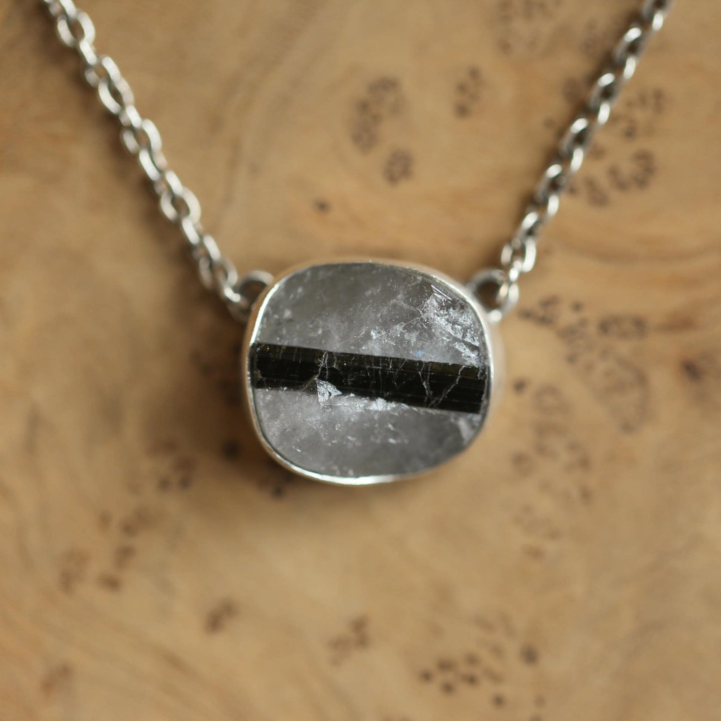 Raw Tourmaline in Quartz Necklace - Raw Tourmaline Necklace - OOAK Silversmith