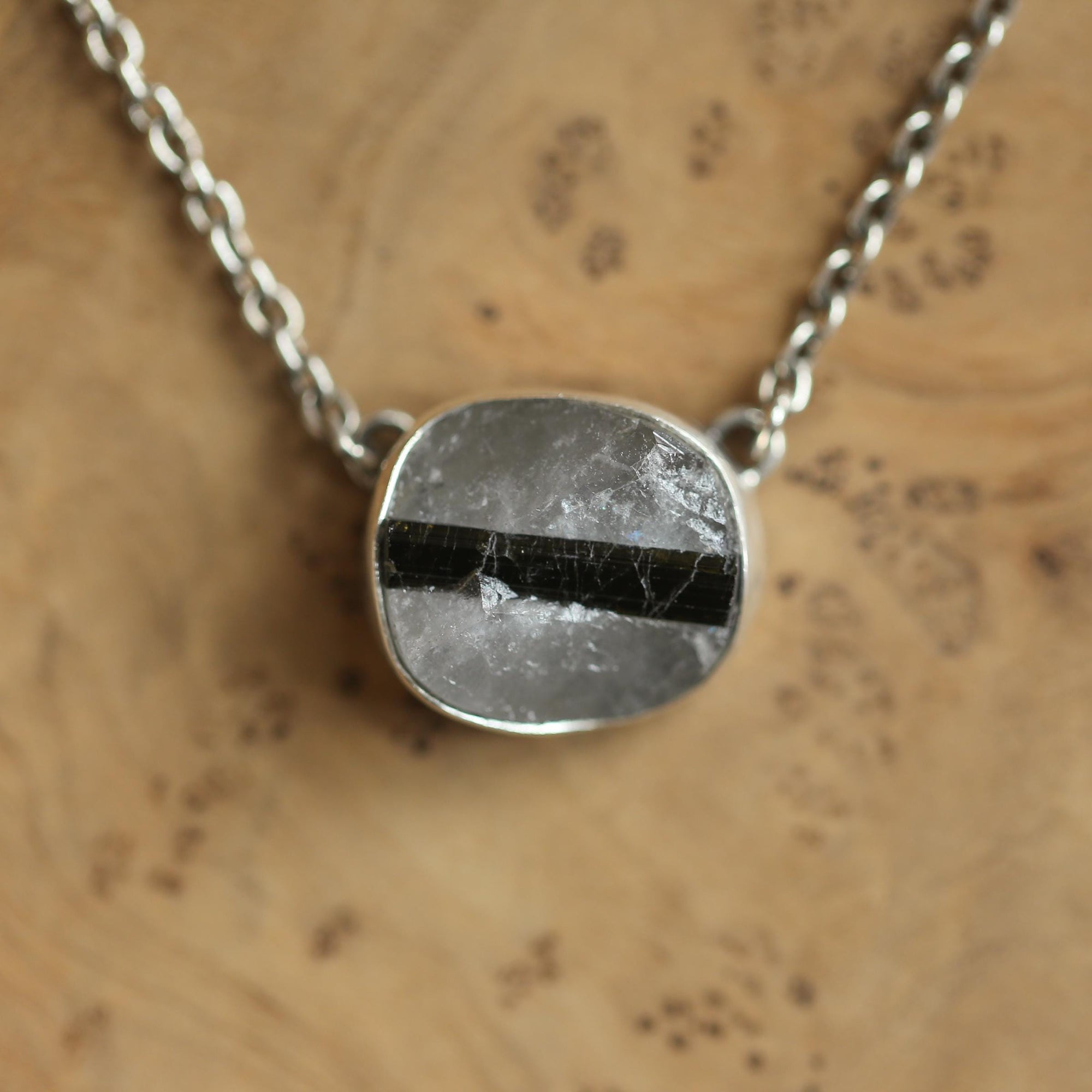Raw Tourmaline in Quartz Necklace - Raw Tourmaline Necklace - OOAK Silversmith