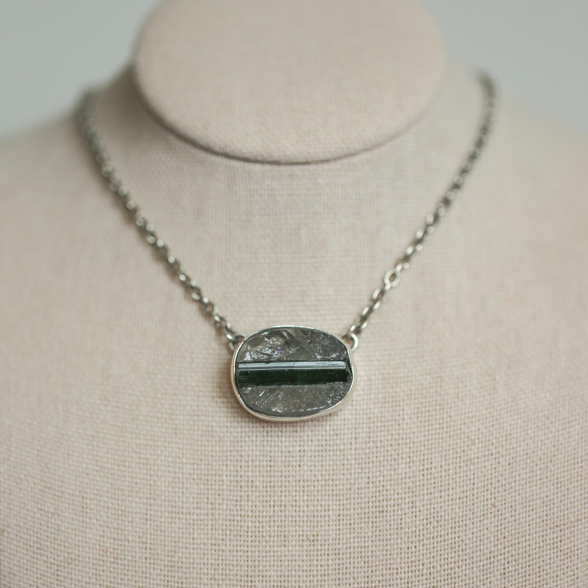 Raw Tourmaline in Quartz Necklace - Raw Tourmaline Necklace - OOAK Silversmith