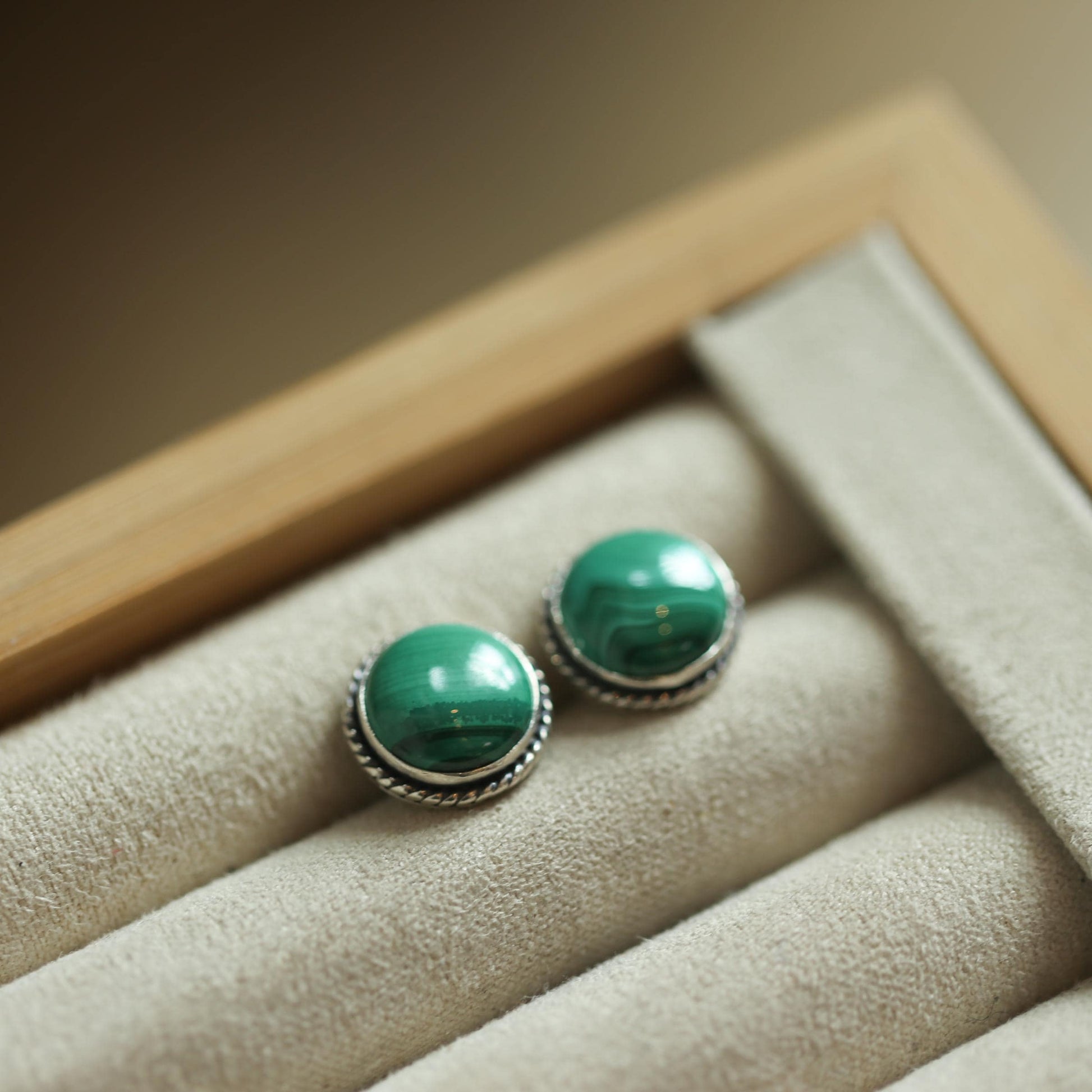 Sterling Silver Malachite Stud Earrings – Traditional Bezel Set