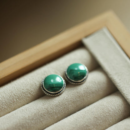 Sterling Silver Malachite Stud Earrings – Traditional Bezel Set