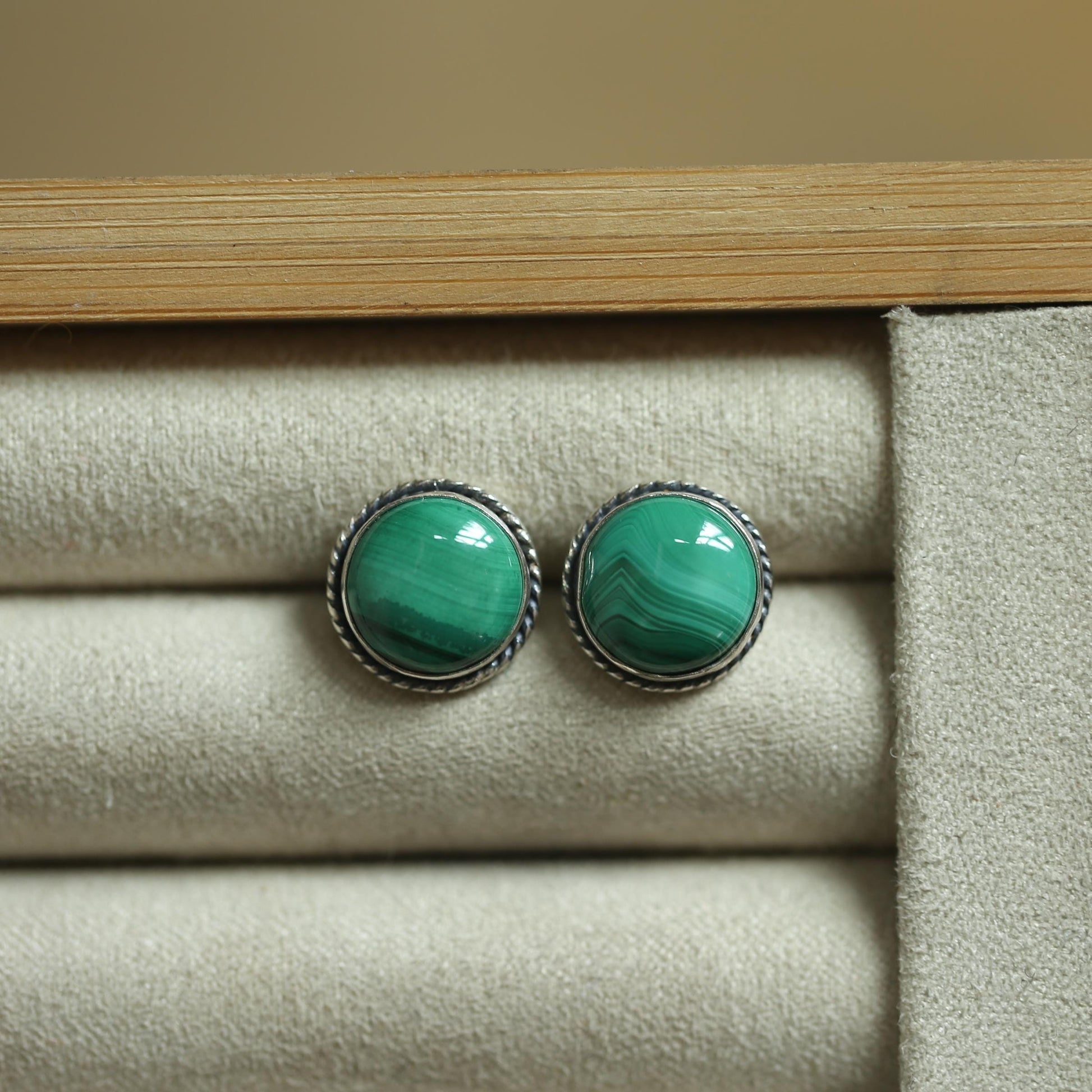 Sterling Silver Malachite Stud Earrings – Traditional Bezel Set