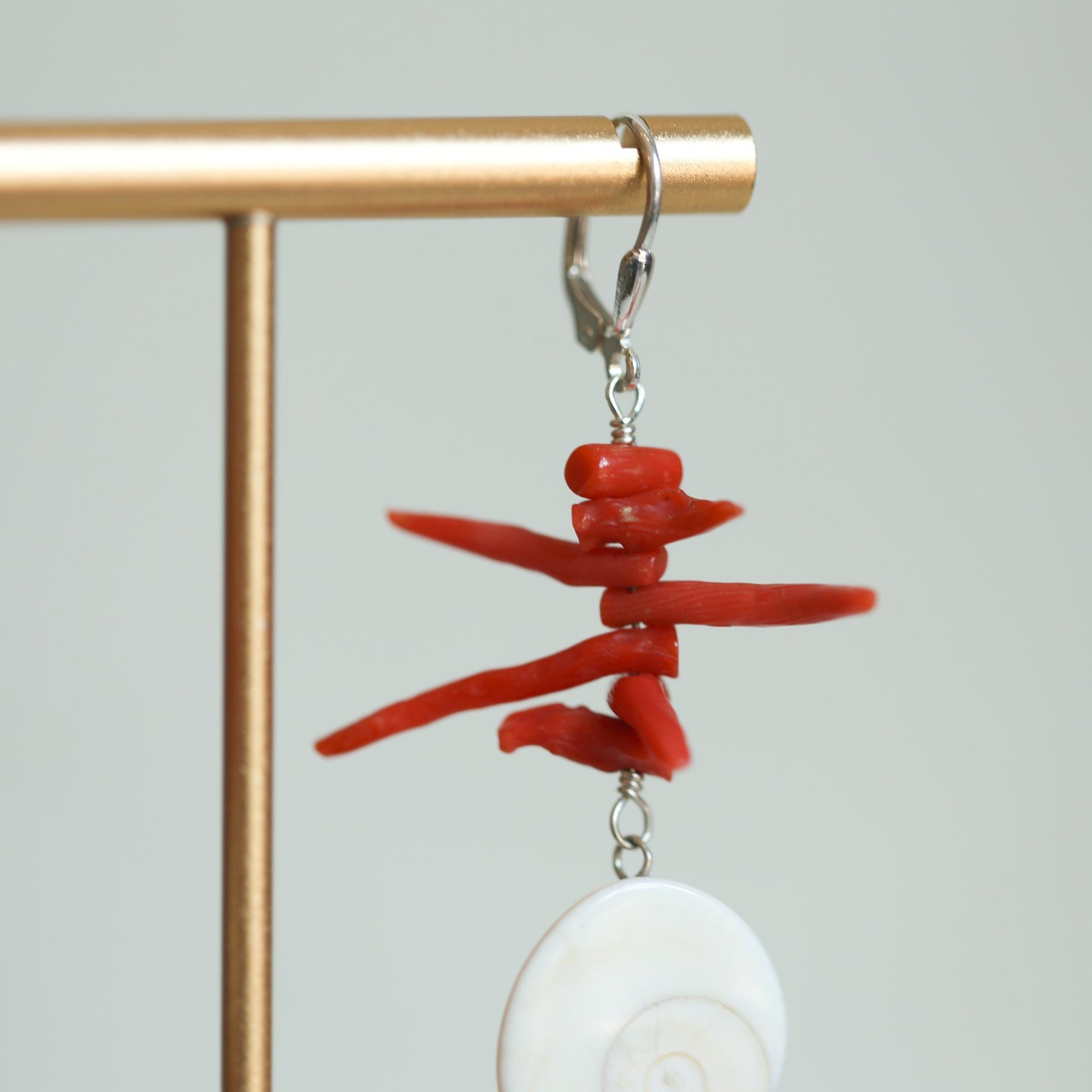 Red Coral and Shell Earrings - Sterling Silver - Exotic Long Coral Earrings - Wedding Earrings