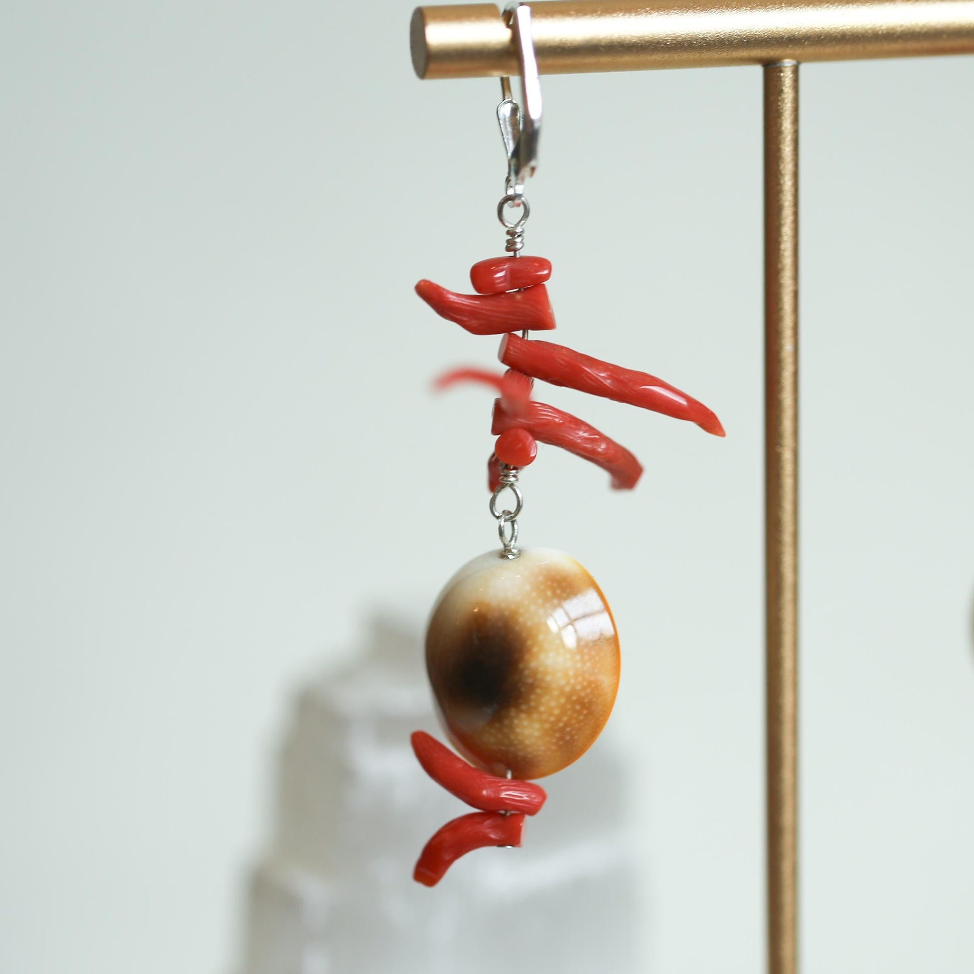 Red Coral and Shell Earrings - Sterling Silver - Exotic Long Coral Earrings - Wedding Earrings