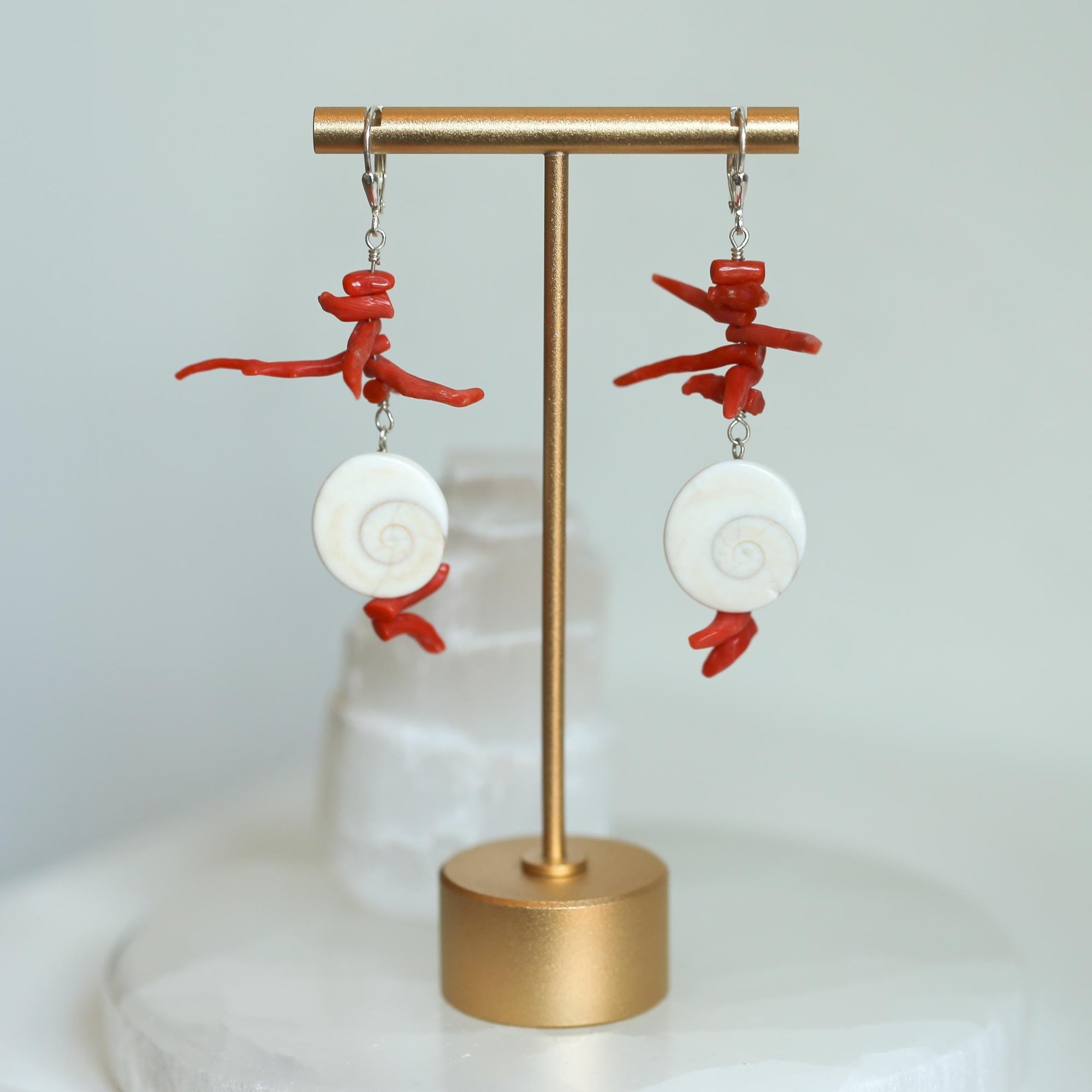 Red Coral and Shell Earrings - Sterling Silver - Exotic Long Coral Earrings - Wedding Earrings