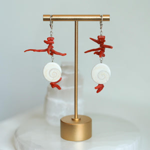 Red Coral and Shell Earrings - Sterling Silver - Exotic Long Coral Earrings - Wedding Earrings