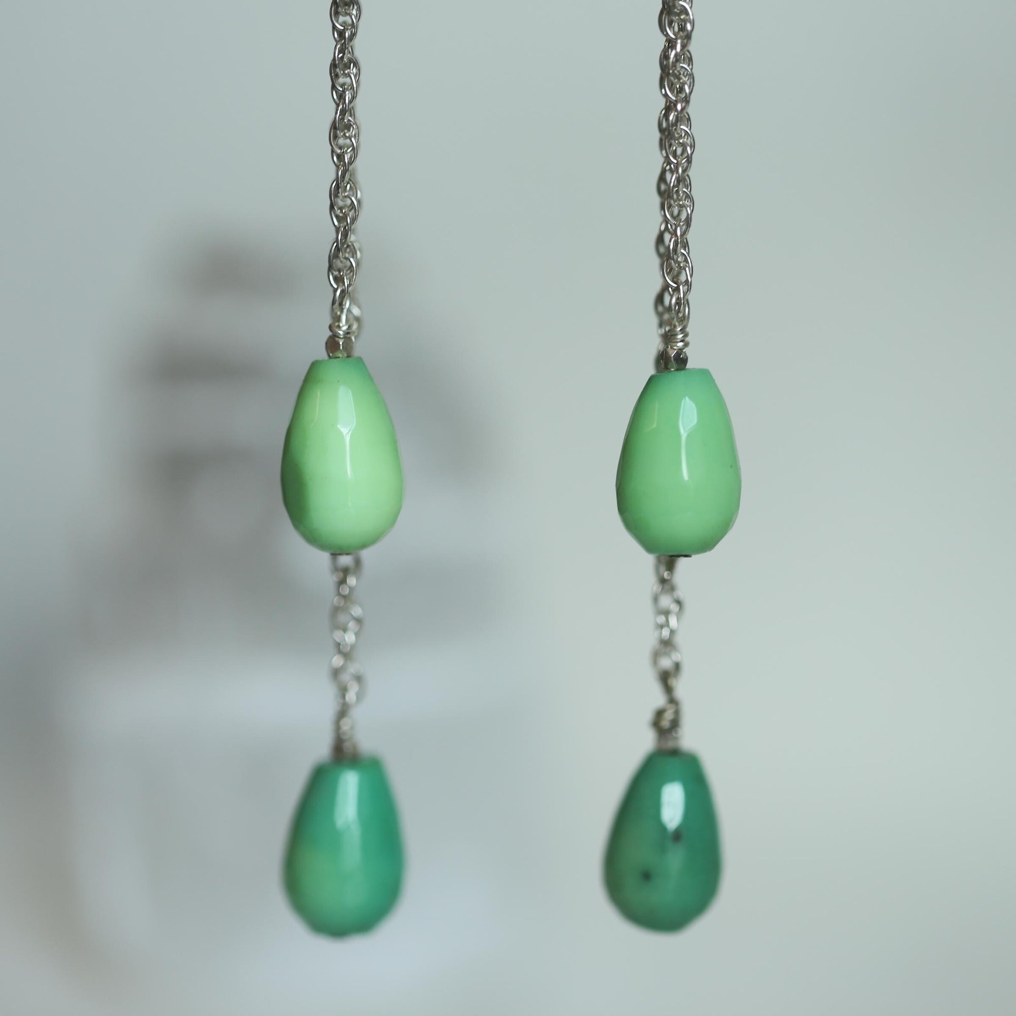 Chrysoprase Earrings - Chain Drops with Chrysoprase - .925 Sterling Silver - Silversmith