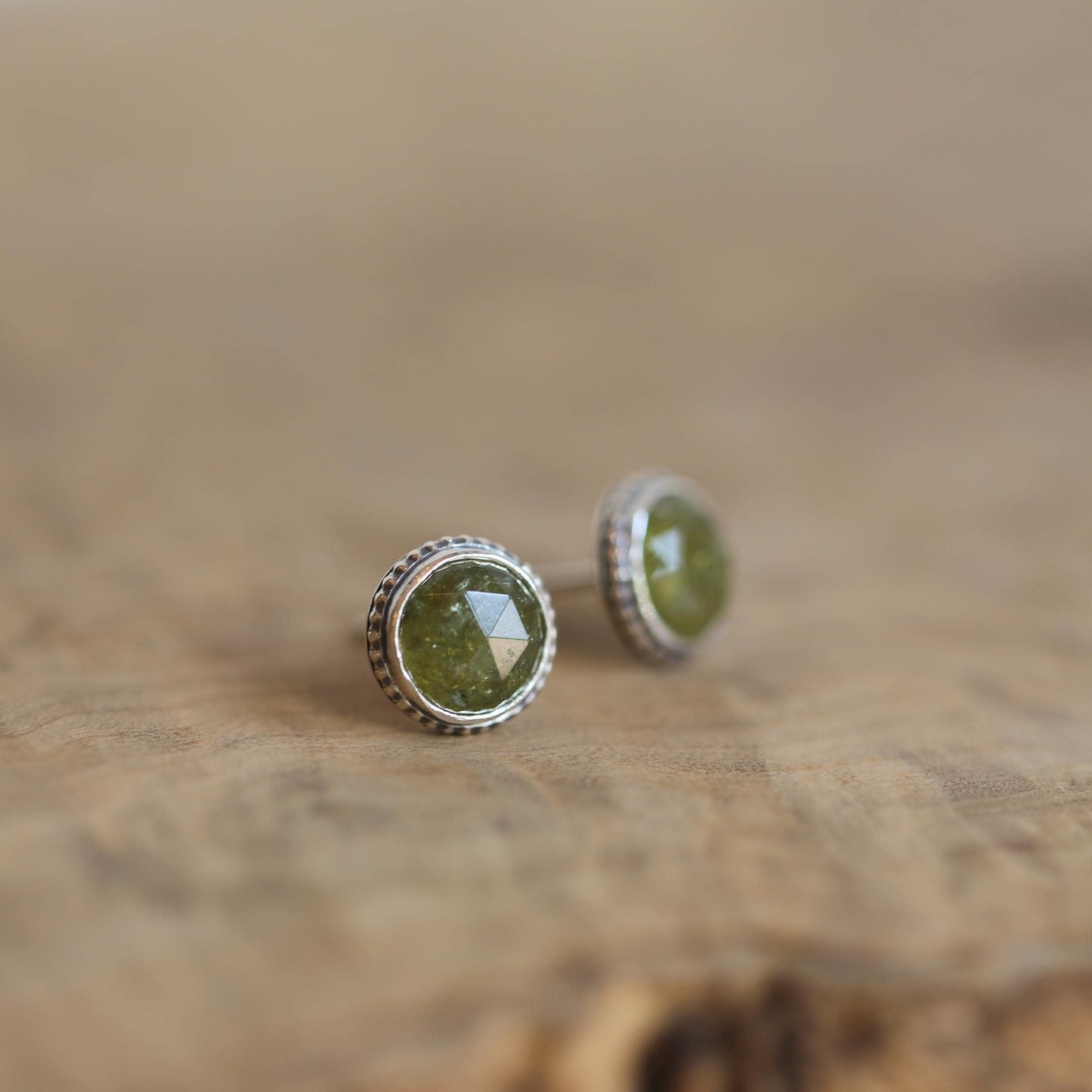 Green Garnet Earrings - Garnet Posts - .925 Sterling Silver - Silversmith