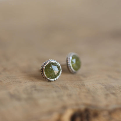 Green Garnet Earrings - Garnet Posts - .925 Sterling Silver - Silversmith