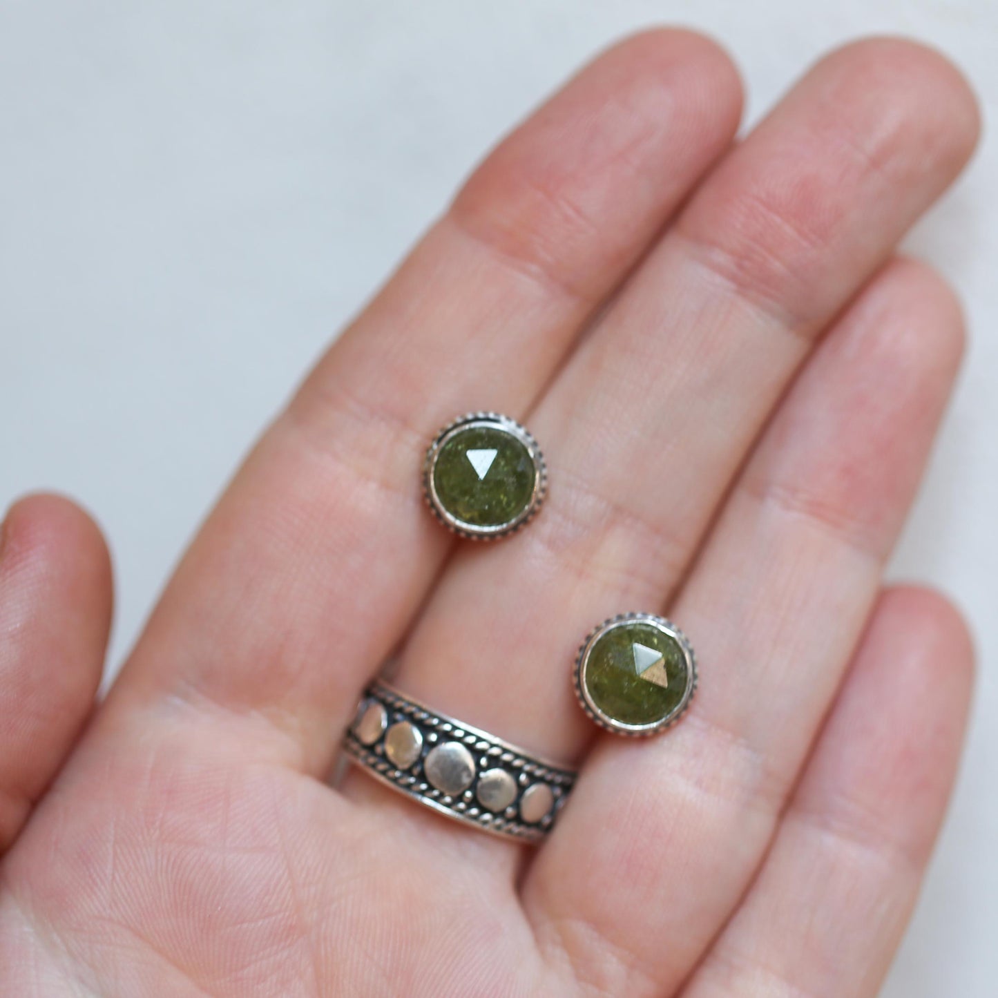 Green Garnet Earrings - Garnet Posts - .925 Sterling Silver - Silversmith