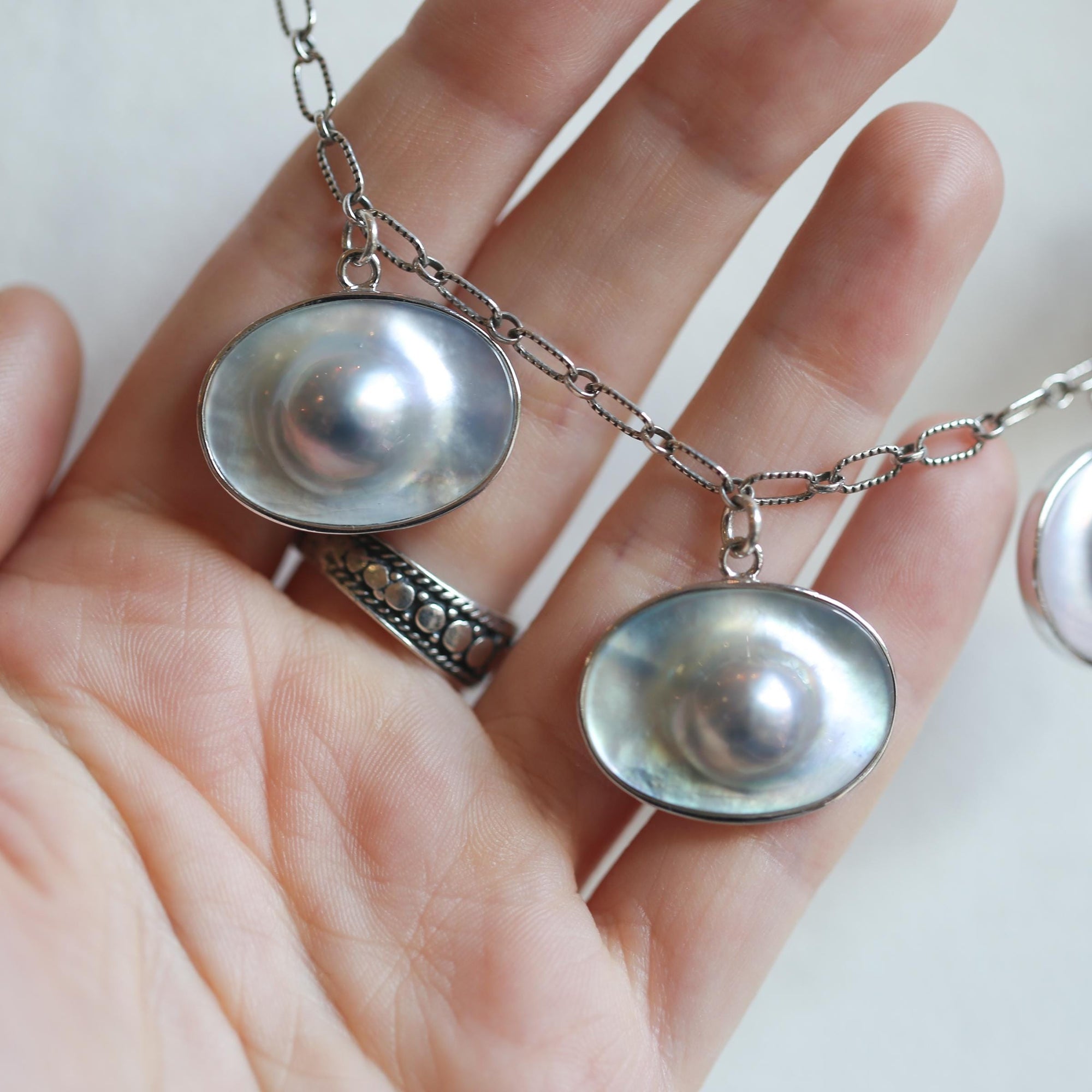 Blister Pearl Sterling Silver Necklace - Freshwater Pearl Necklace - Oxidized Sterling Silver