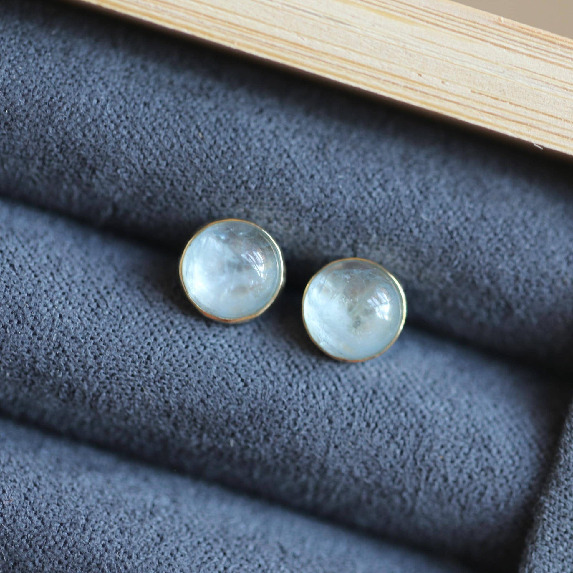 Aquamarine Stud Earrings – 14K Gold Bezel, Sterling Silver Posts