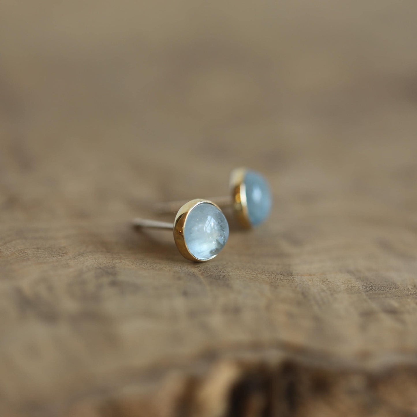 Aquamarine Stud Earrings – 14K Gold Bezel, Sterling Silver Posts
