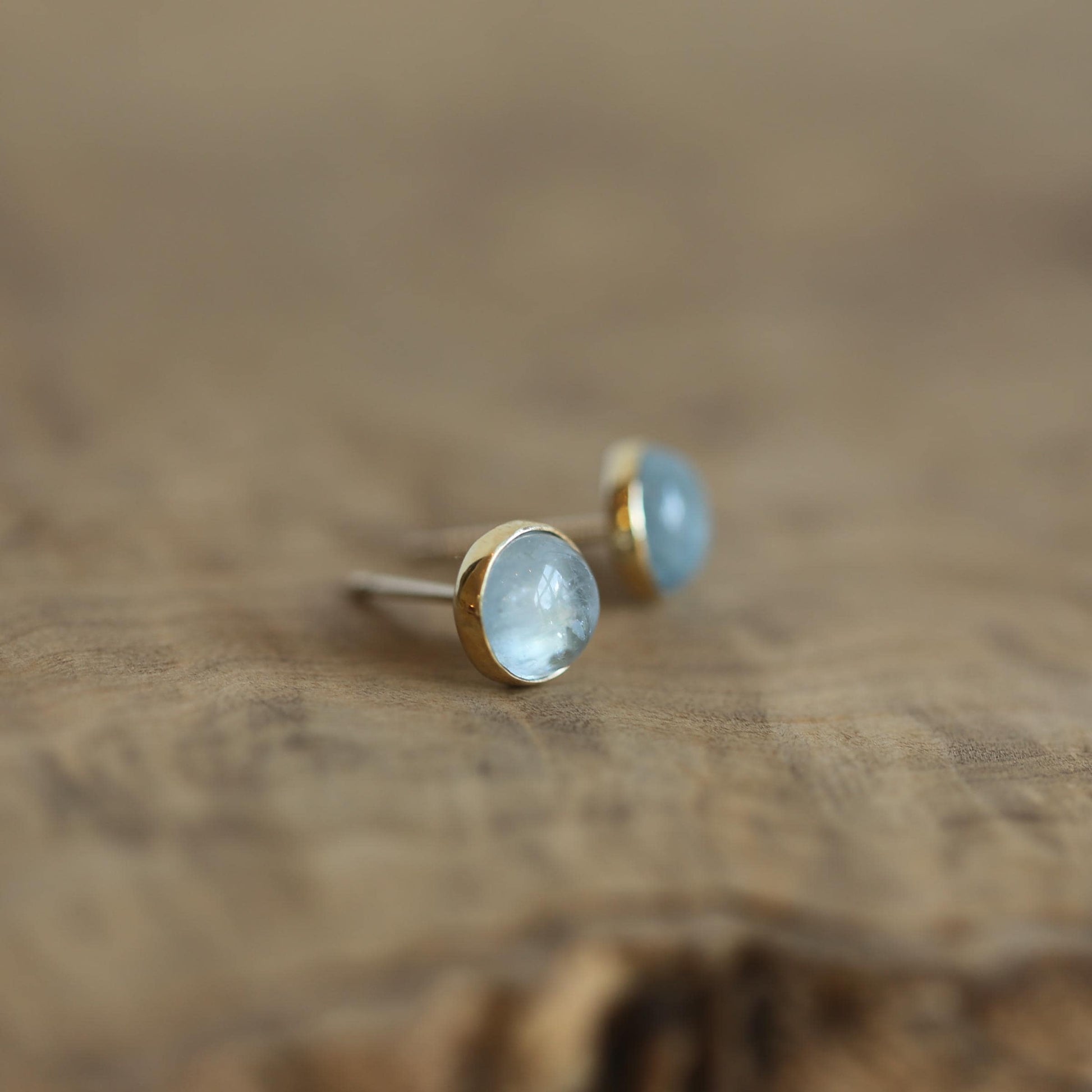 Aquamarine Stud Earrings – 14K Gold Bezel, Sterling Silver Posts