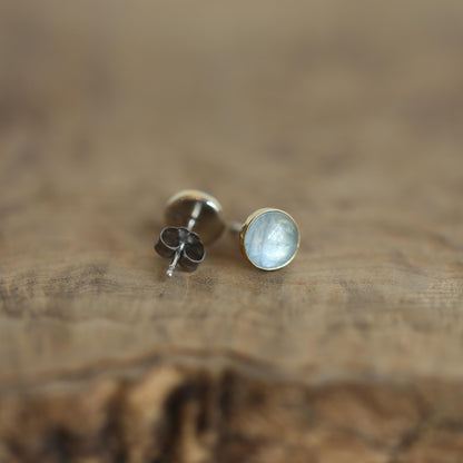 Aquamarine Stud Earrings – 14K Gold Bezel, Sterling Silver Posts