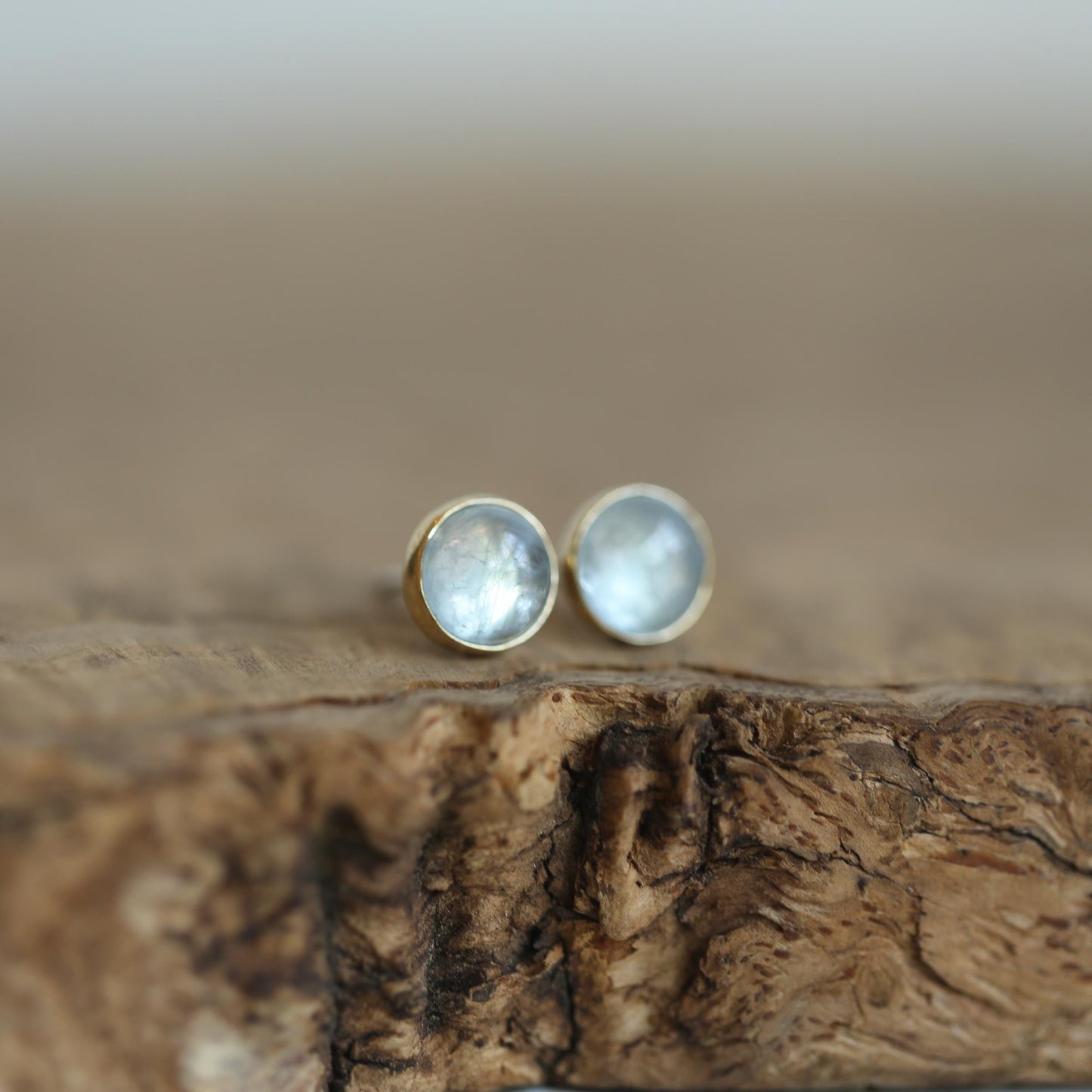 Aquamarine Stud Earrings – 14K Gold Bezel, Sterling Silver Posts
