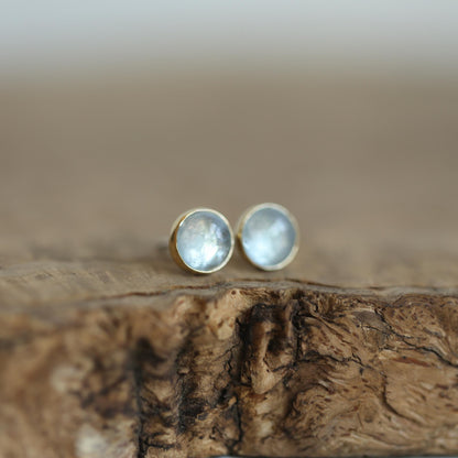 Aquamarine Stud Earrings – 14K Gold Bezel, Sterling Silver Posts
