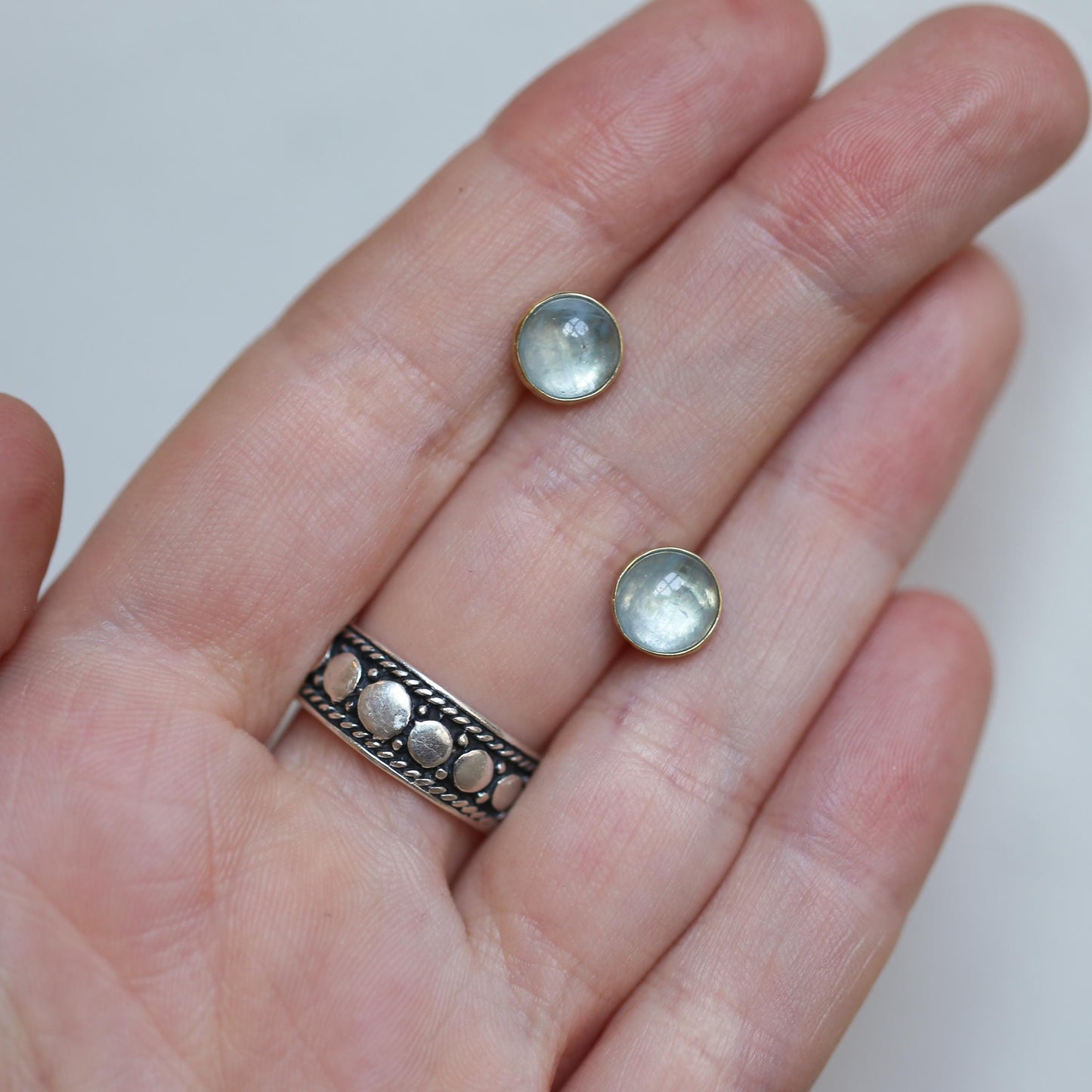 Aquamarine Stud Earrings – 14K Gold Bezel, Sterling Silver Posts