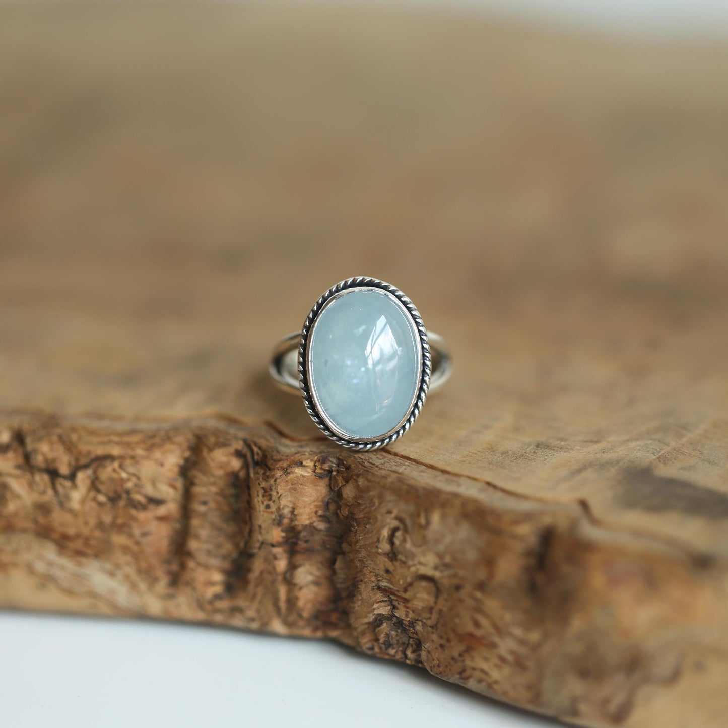 Sterling Silver AAA Aquamarine Boho Statement Ring – Twist Wire Split Shank