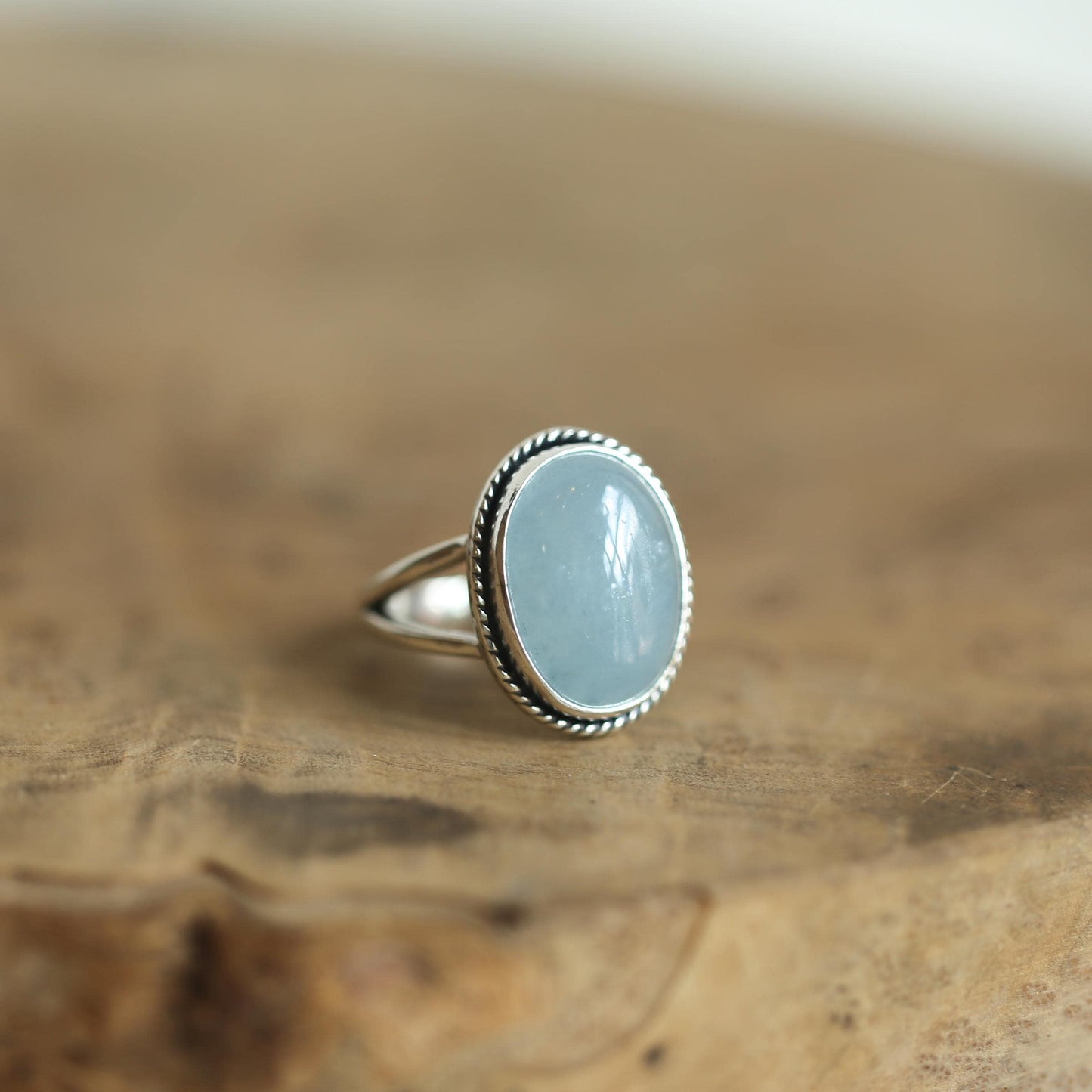 Sterling Silver AAA Aquamarine Boho Statement Ring – Twist Wire Split Shank