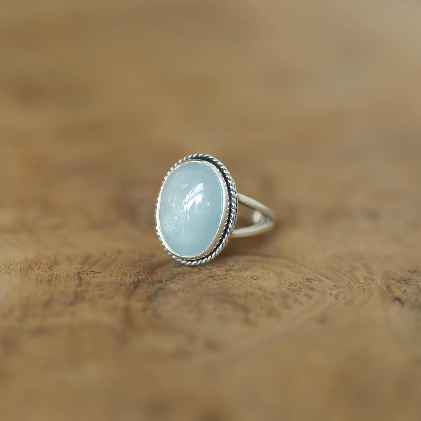 Sterling Silver AAA Aquamarine Boho Statement Ring – Twist Wire Split Shank