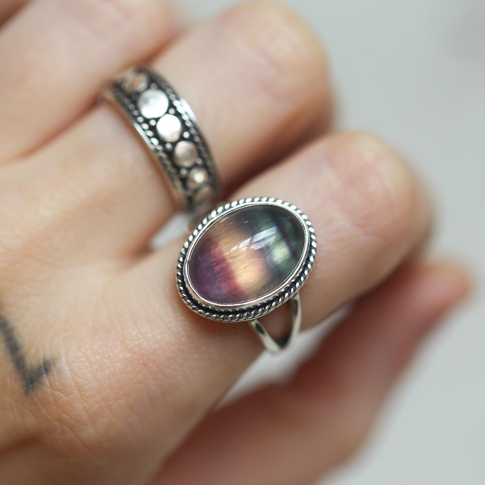 Rainbow Fluorite Boho Ring size 7 - .925 Sterling Silver