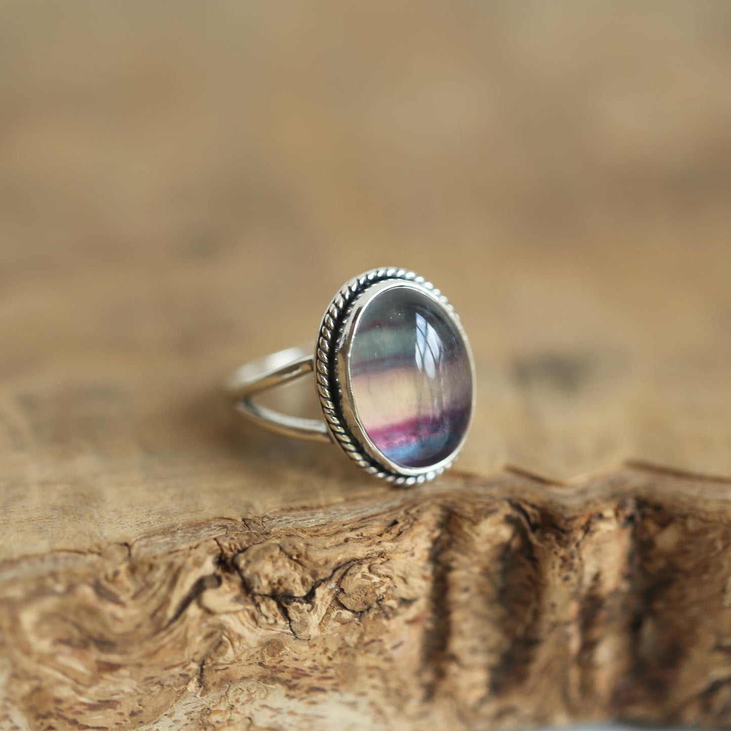 Rainbow Fluorite Boho Ring - Size 7 - .925 Sterling Silver