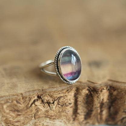 Rainbow Fluorite Boho Ring - Size 7 - .925 Sterling Silver