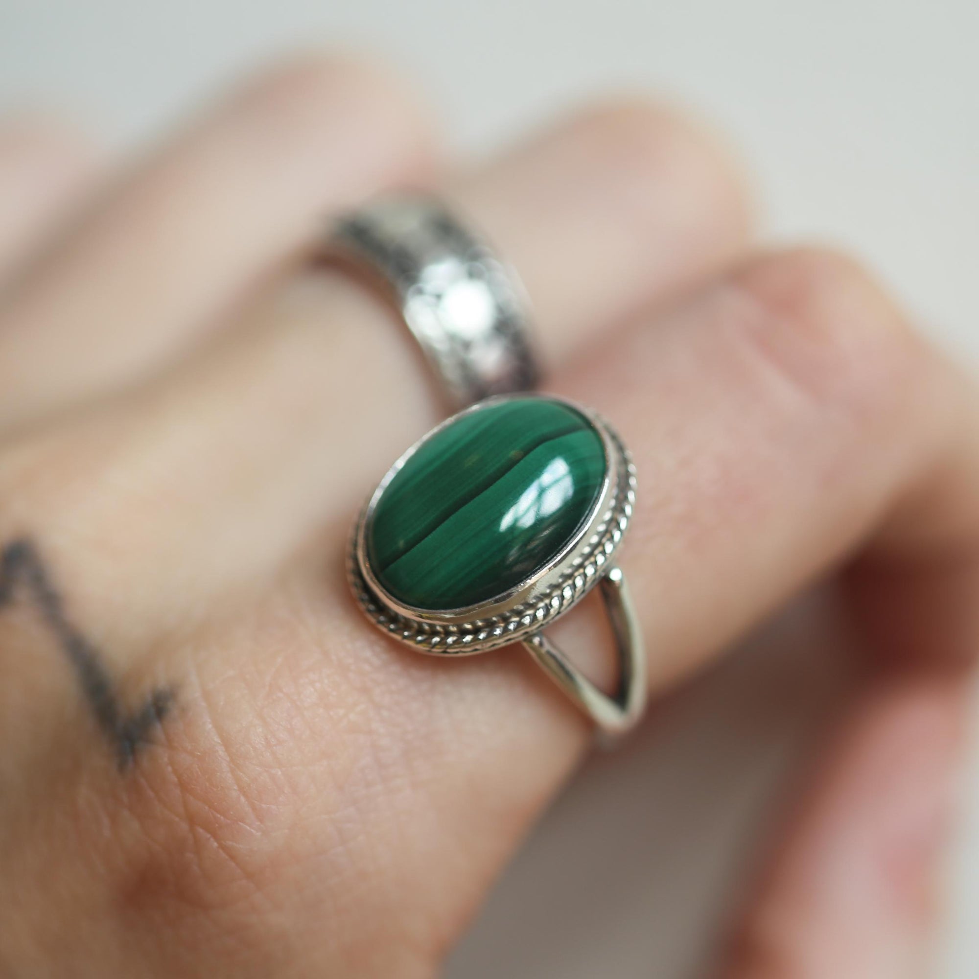 Malachite Boho Ring - Green Malachite Ring - Sterling Silver