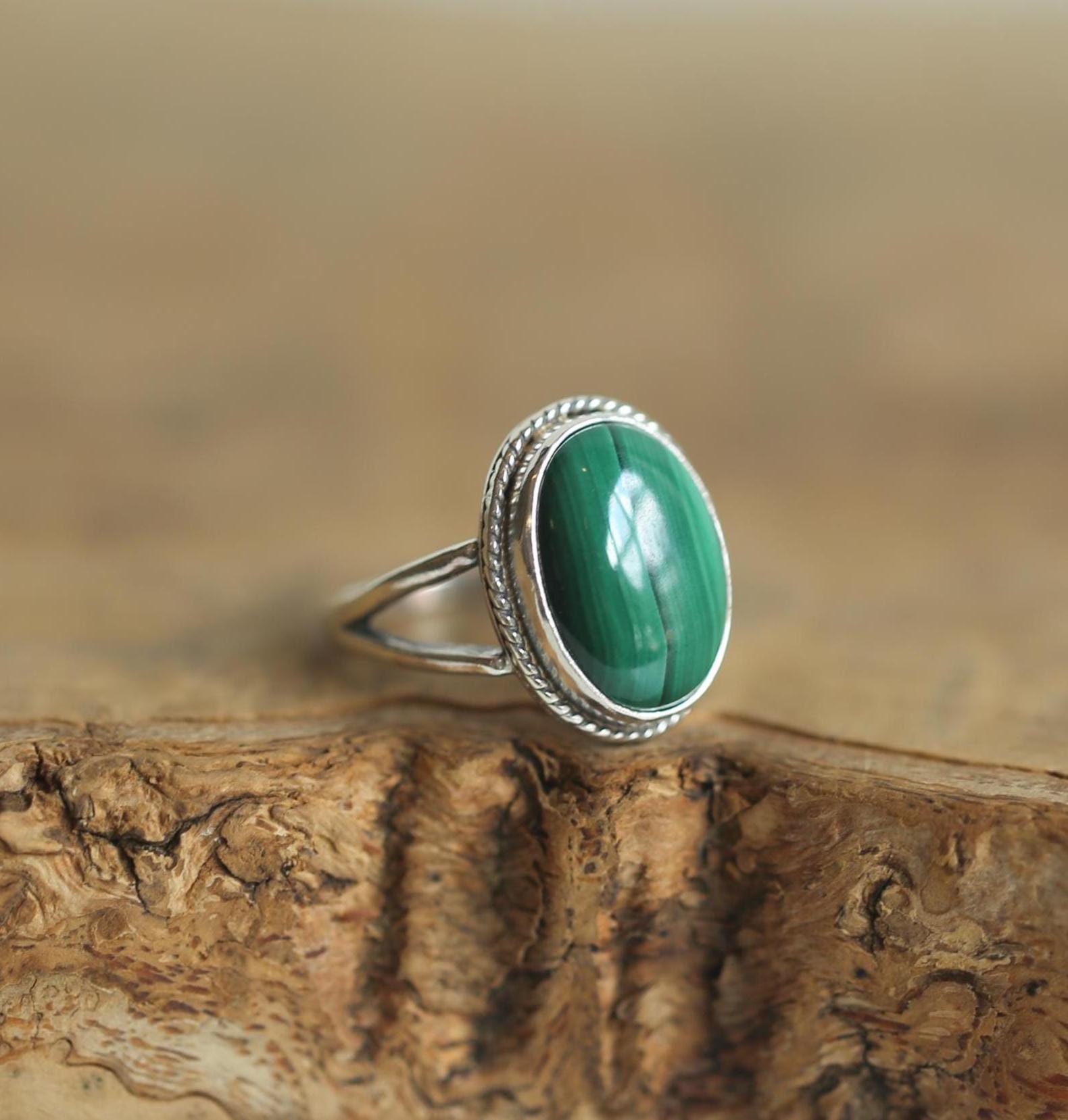Malachite Boho Ring - Green Malachite Ring - Sterling Silver