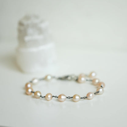 Rosarita Freshwater Pearl Bracelet - Oxidized Sterling Silver Pearl Rosary Chain