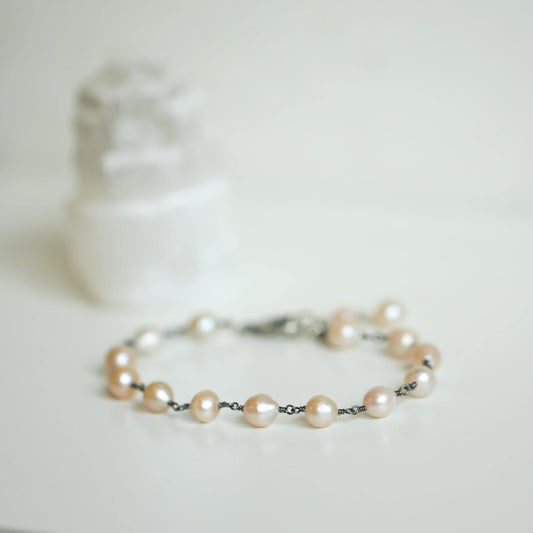 Rosarita Freshwater Pearl Bracelet - Oxidized Sterling Silver Pearl Rosary Chain