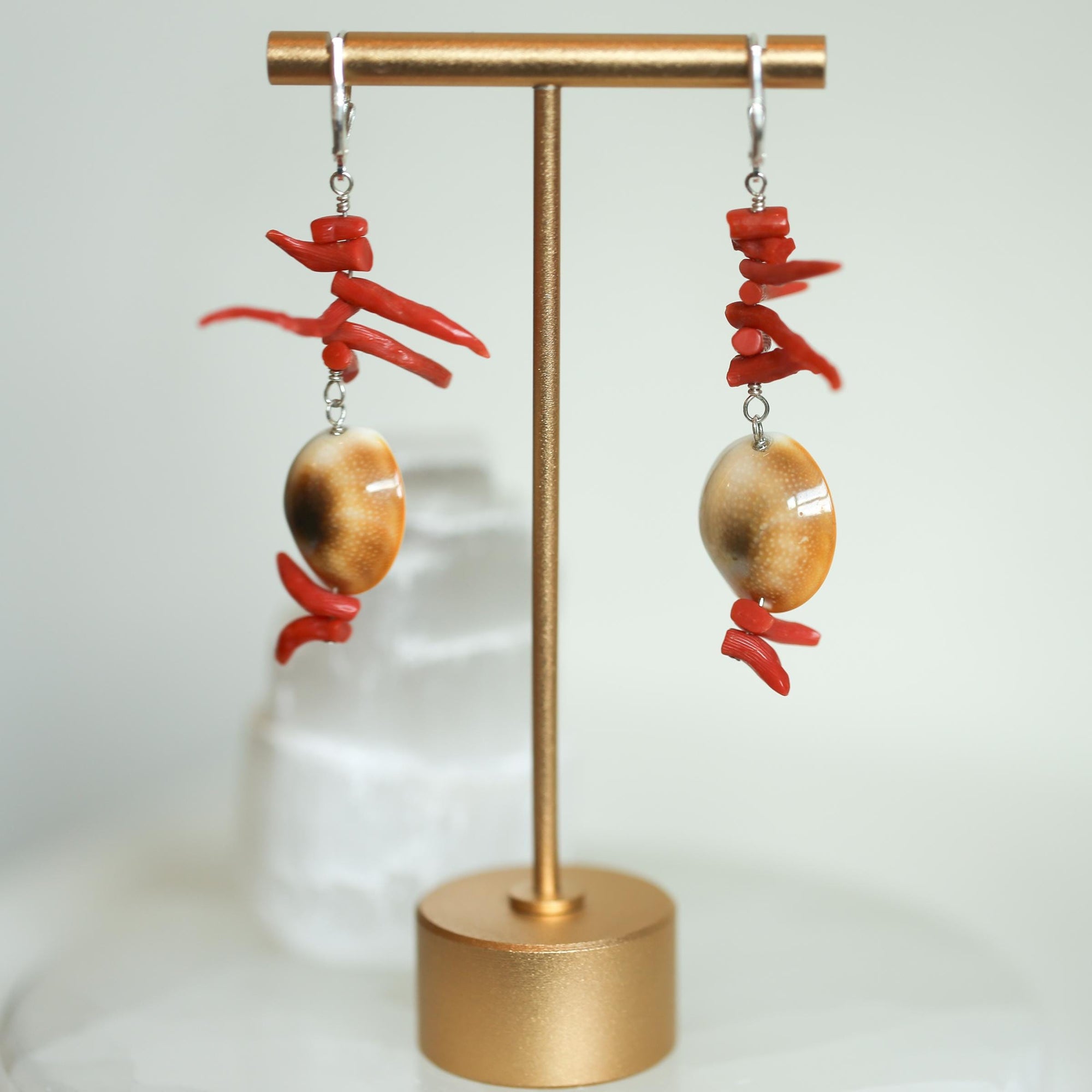 Red Coral and Shell Earrings - Sterling Silver - Exotic Long Coral Earrings - Wedding Earrings