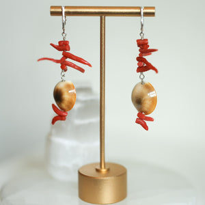Red Coral and Shell Earrings - Sterling Silver - Exotic Long Coral Earrings - Wedding Earrings