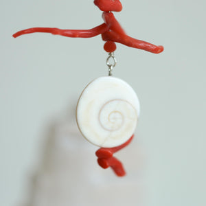 Red Coral and Shell Earrings - Sterling Silver - Exotic Long Coral Earrings - Wedding Earrings