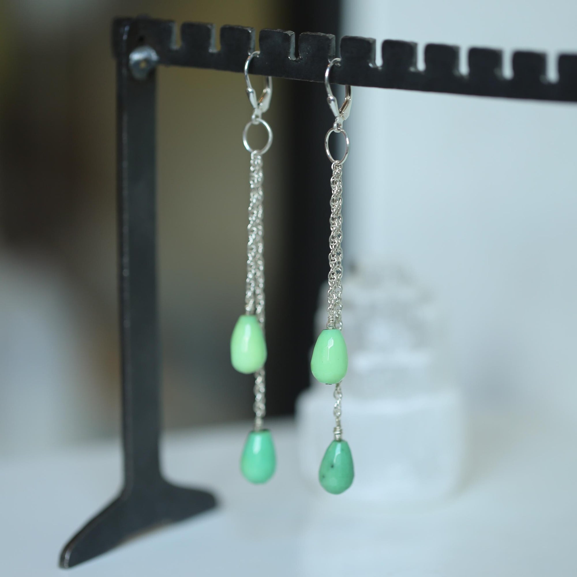 Chrysoprase Earrings - Chain Drops with Chrysoprase - .925 Sterling Silver - Silversmith
