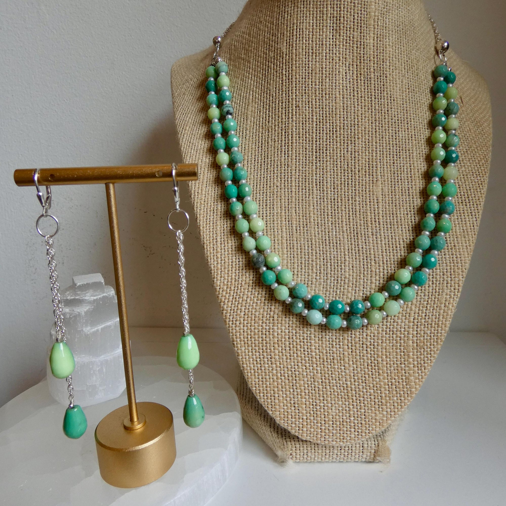 Chrysoprase Earrings - Chain Drops with Chrysoprase - .925 Sterling Silver - Silversmith