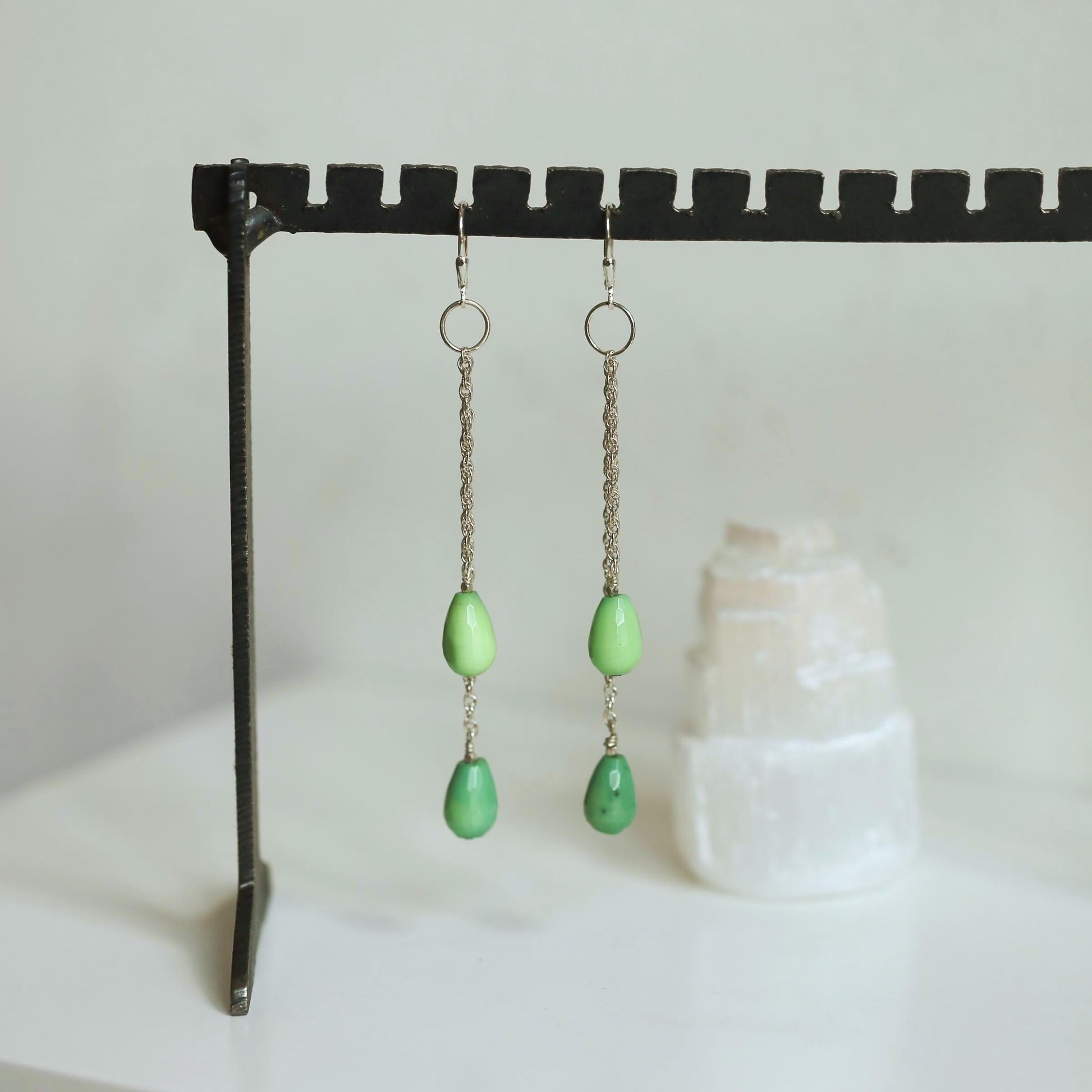 Chrysoprase Earrings - Chain Drops with Chrysoprase - .925 Sterling Silver - Silversmith