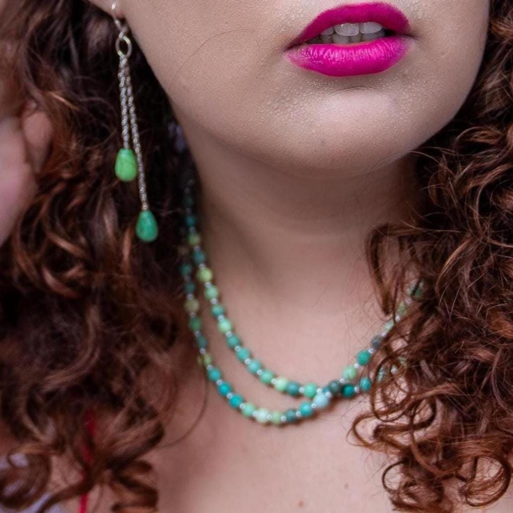 Chrysoprase Double Strand Necklace - .925 Sterling Silver - Green Chrysoprase Jewelry