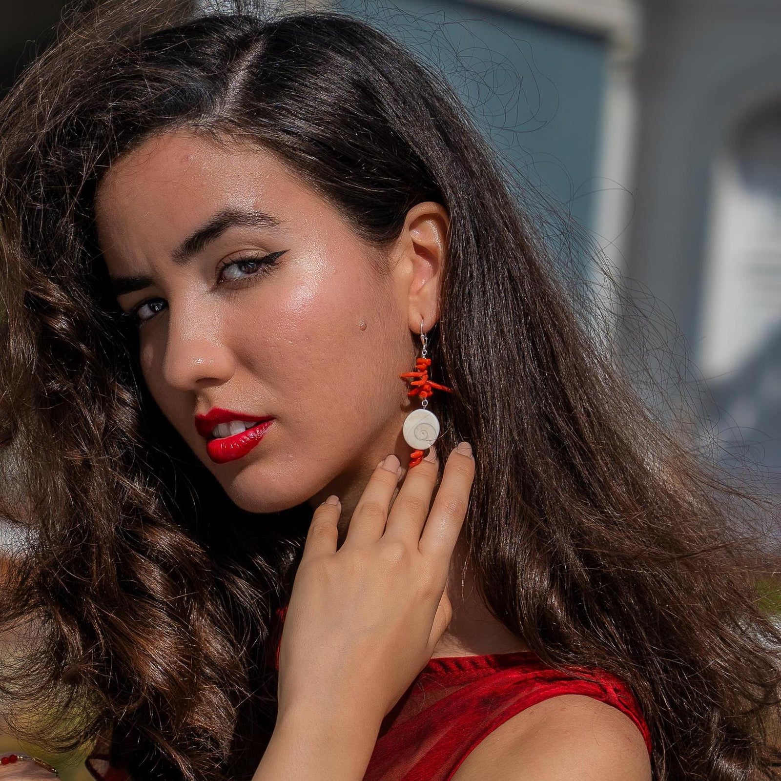 Red Coral and Shell Earrings - Sterling Silver - Exotic Long Coral Earrings - Wedding Earrings