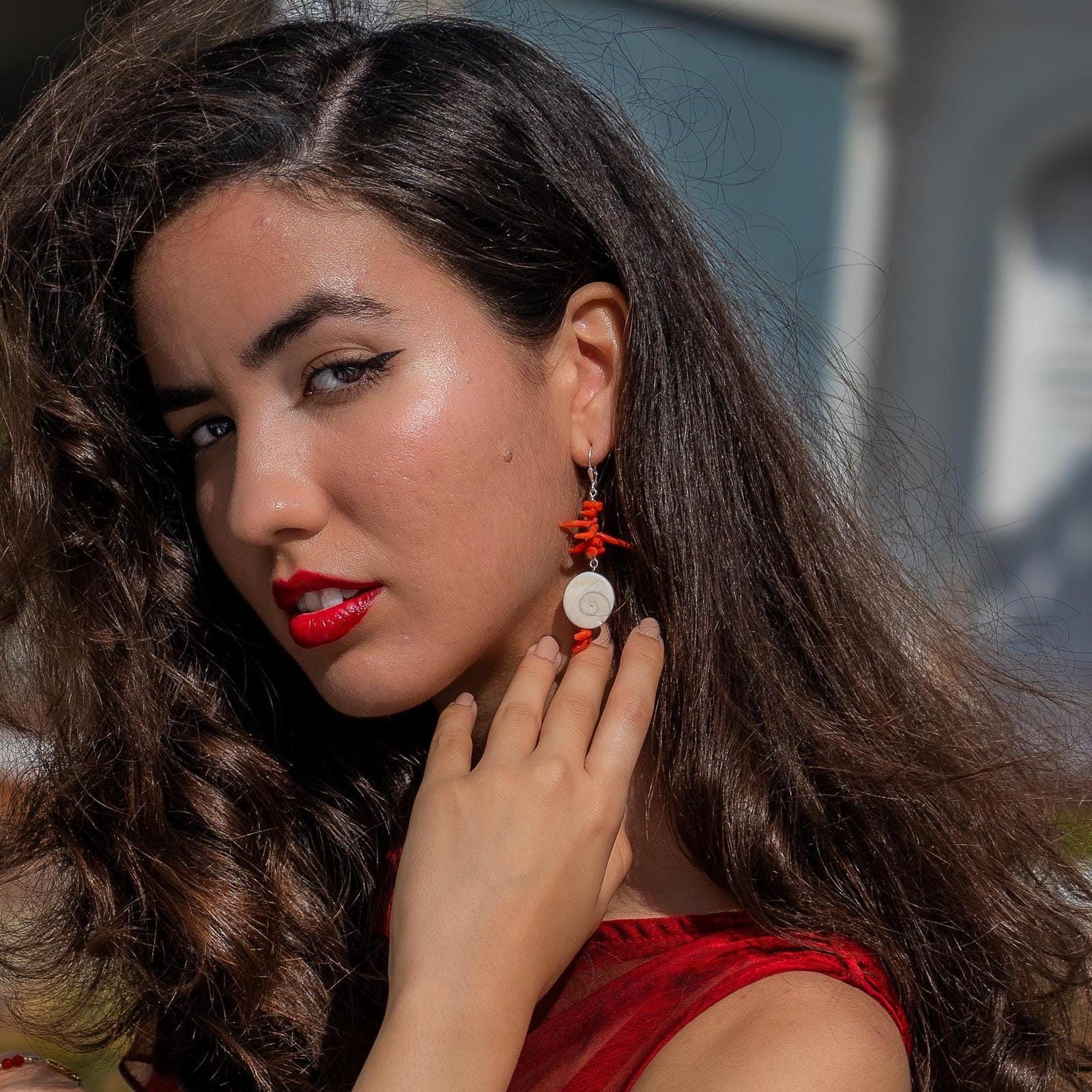Red Coral and Shell Earrings - Sterling Silver - Exotic Long Coral Earrings - Wedding Earrings