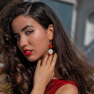 Red Coral and Shell Earrings - Sterling Silver - Exotic Long Coral Earrings - Wedding Earrings