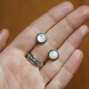 Mother of Pearl Hammered Posts - Mother Of Pearl Earrings - White Nacre Post Earrings - Silversmith