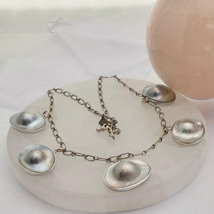 Blister Pearl Sterling Silver Necklace - Freshwater Pearl Necklace - Oxidized Sterling Silver