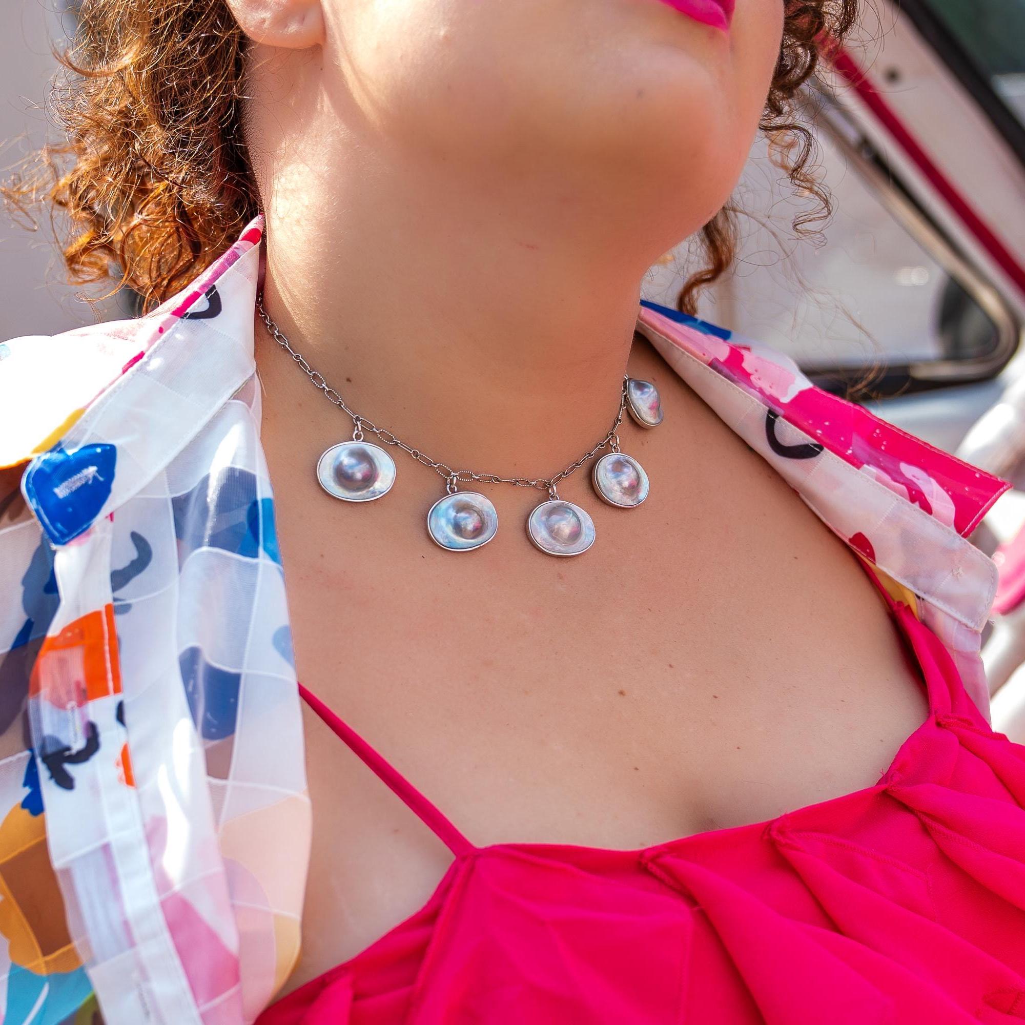 Blister Pearl Sterling Silver Necklace - Freshwater Pearl Necklace - Oxidized Sterling Silver