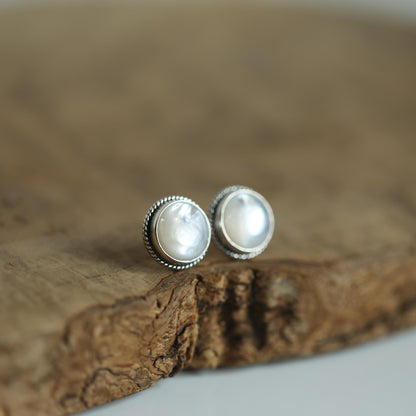 Mother Of Pearl Traditional Posts 12mm stone - White Nacre Earrings - Sterling Silver