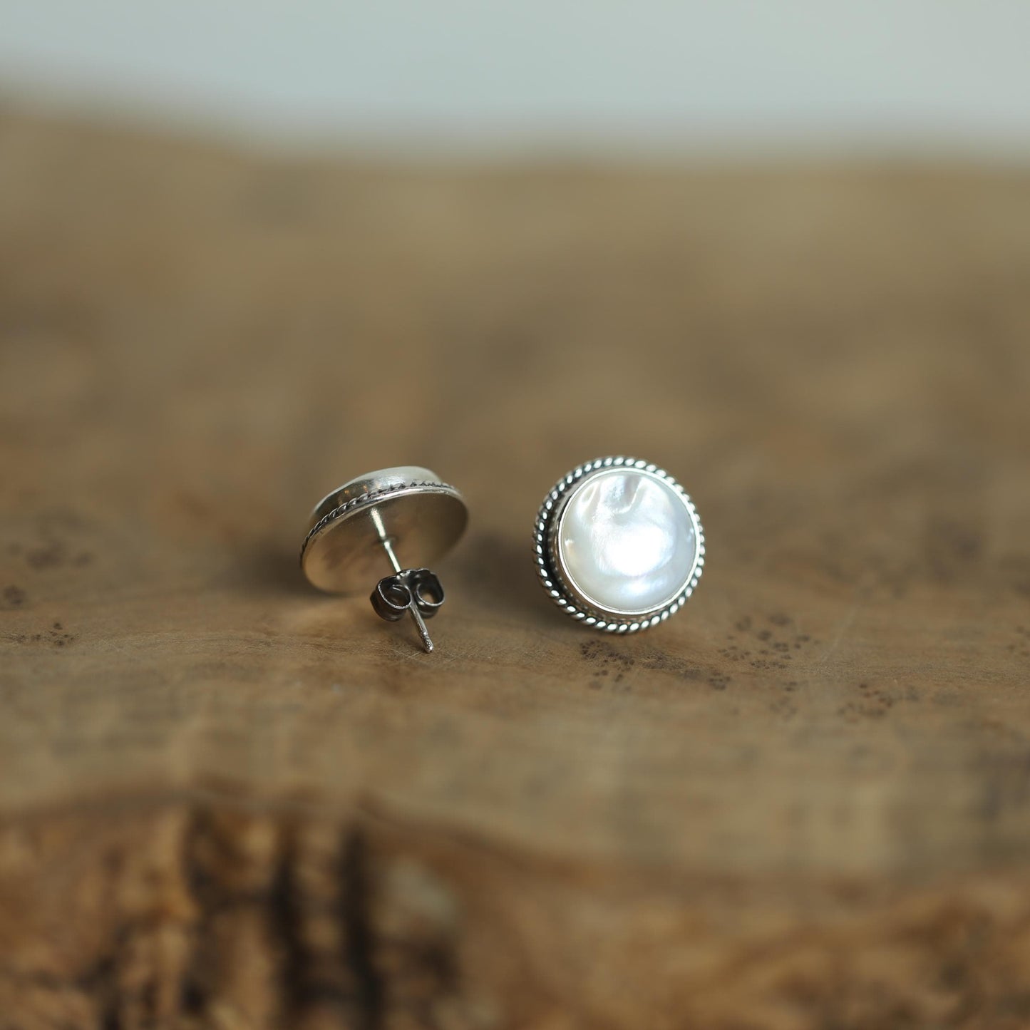 Mother Of Pearl Traditional Posts 12mm stone - White Nacre Earrings - Sterling Silver