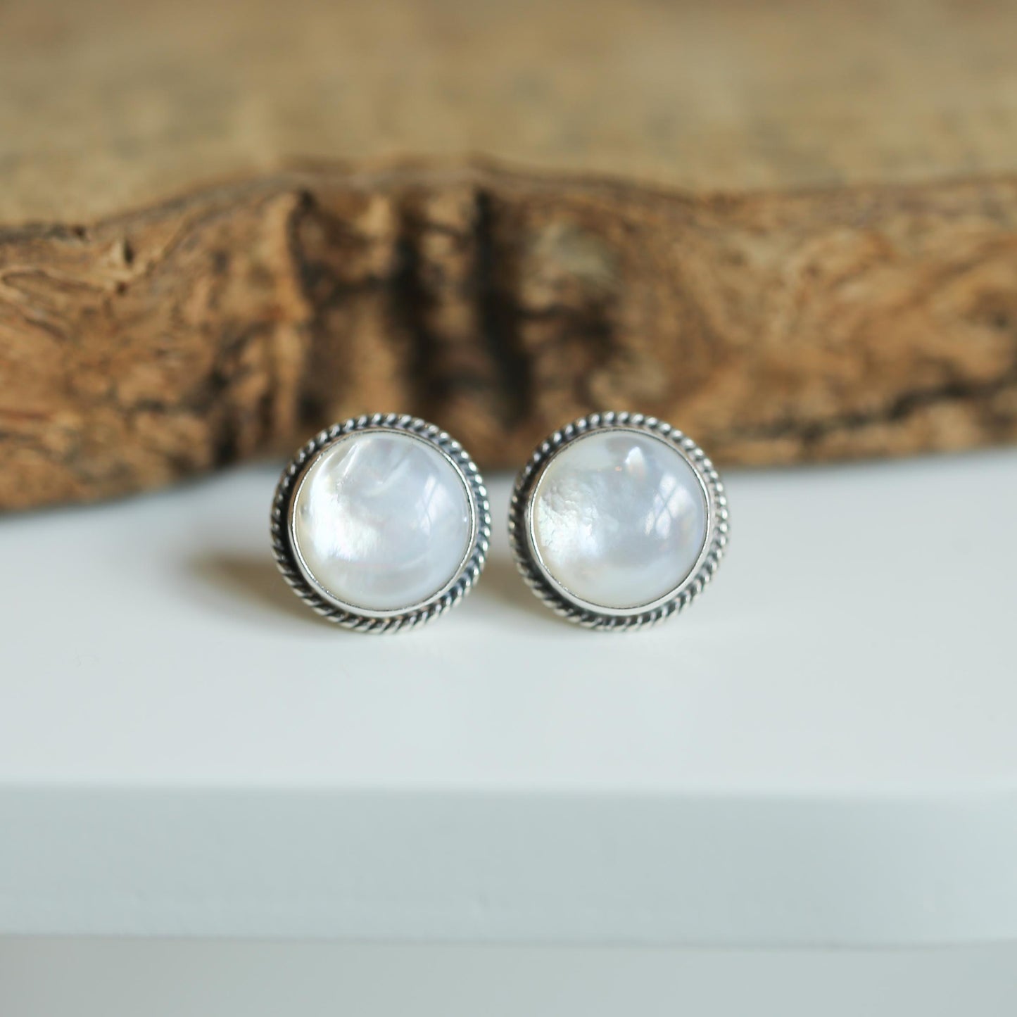 Mother Of Pearl Traditional Posts 12mm stone - White Nacre Earrings - Sterling Silver