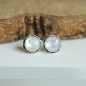 Mother Of Pearl Traditional Posts 12mm stone - White Nacre Earrings - Sterling Silver